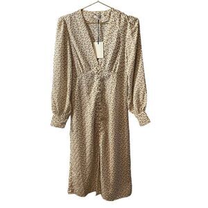 Farrow Button Down Floral Cottage Core Tan Blue Midi Dress Size MED NEW